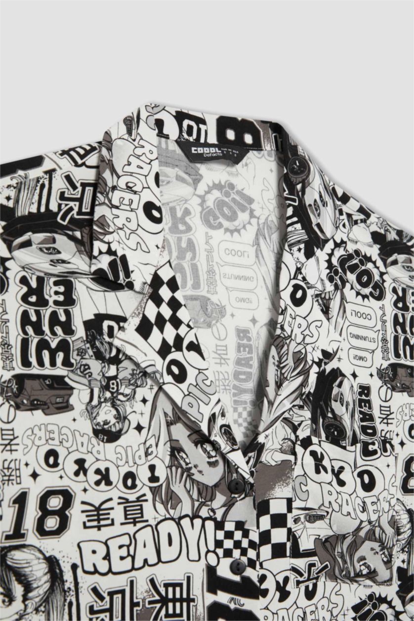 WOMAN Black Patterned Pajama Collar Short Sleeve Shirt