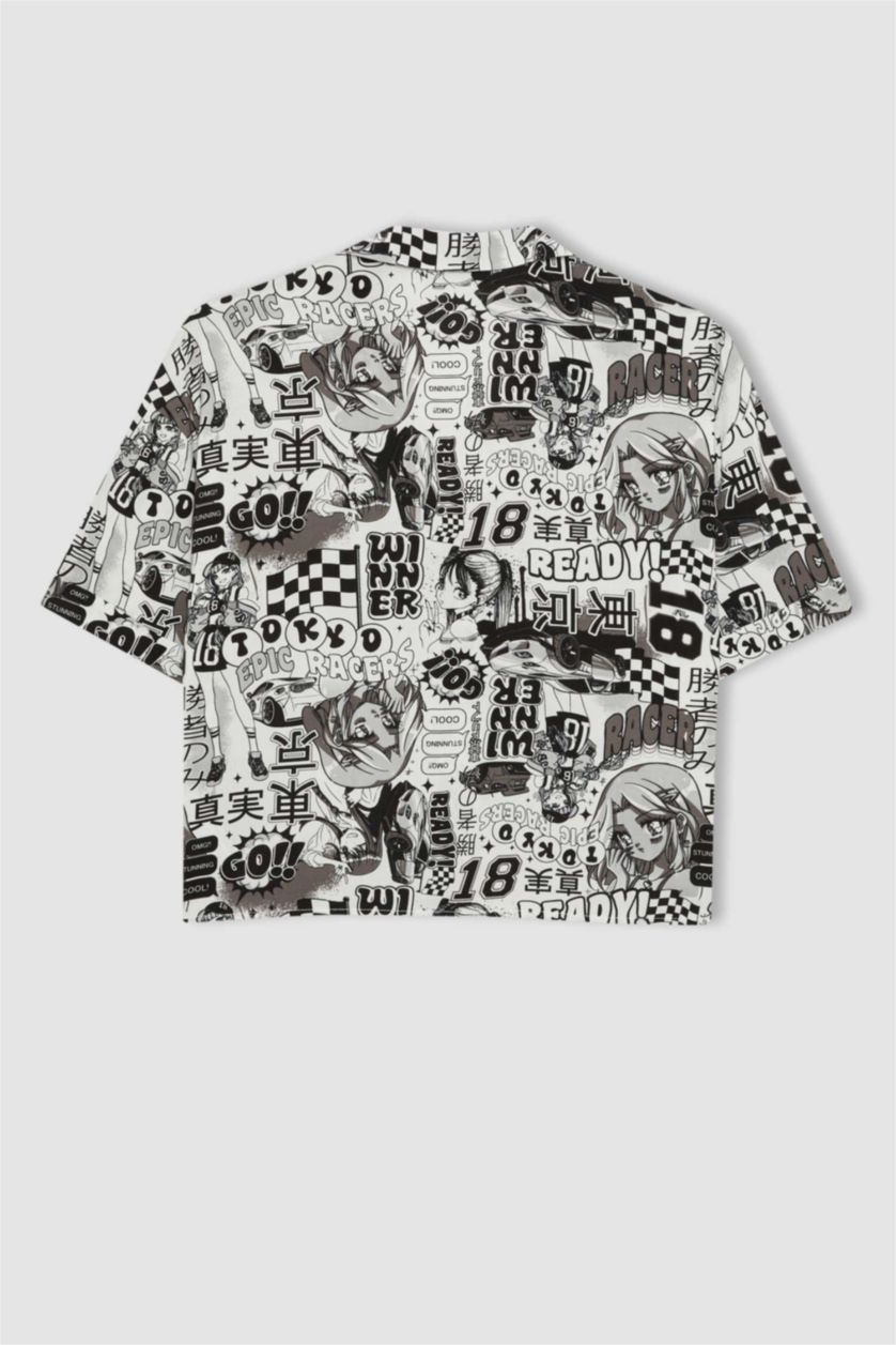 WOMAN Black Patterned Pajama Collar Short Sleeve Shirt