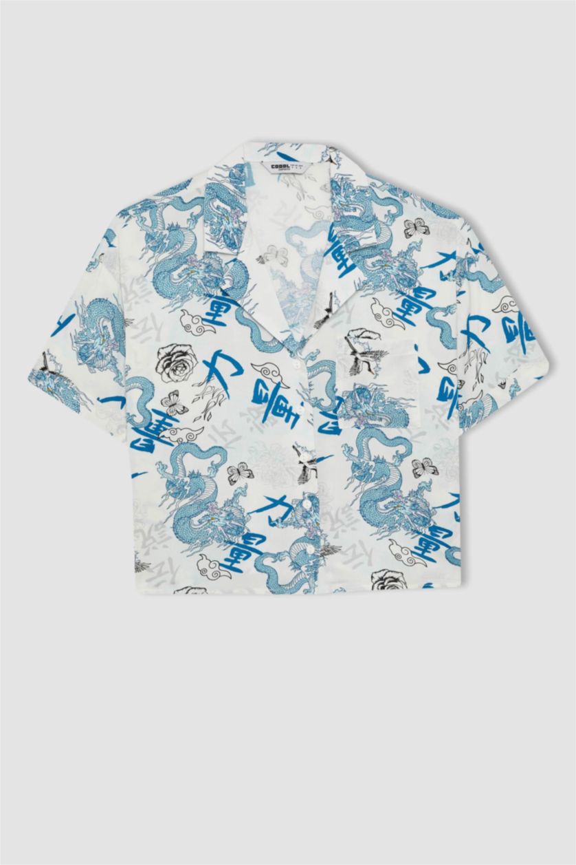 FEMME Blanc Chemise à manches courtess coupe régulière à motifs