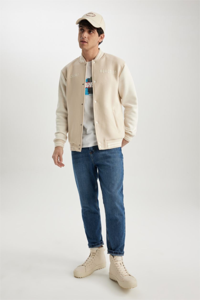 Erkek Kum Regular Fıt Kolej Yaka Bomber Baskılı İçi Yumuşak Tüylü Hırka