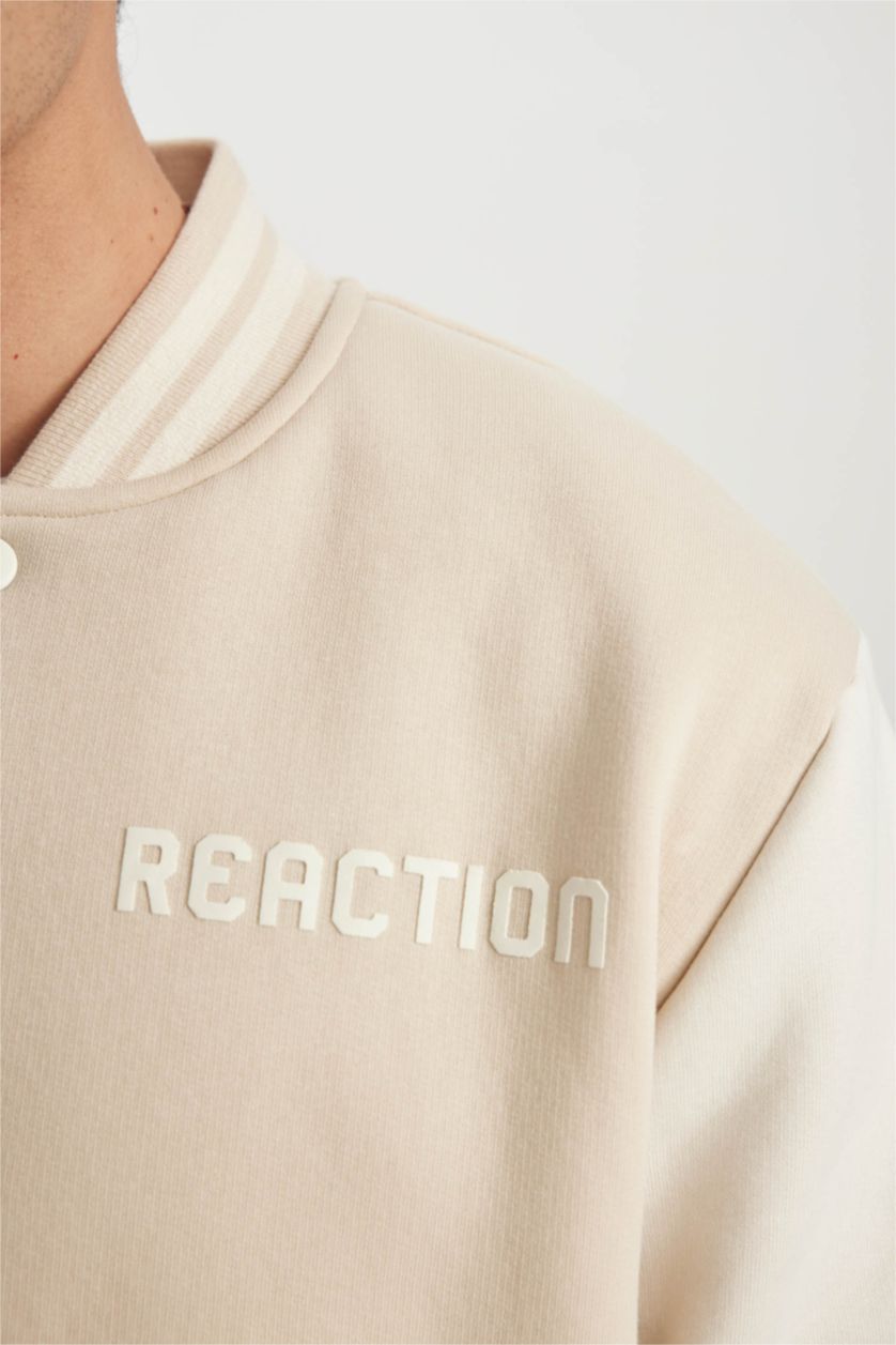 Erkek Kum Regular Fıt Kolej Yaka Bomber Baskılı İçi Yumuşak Tüylü Hırka