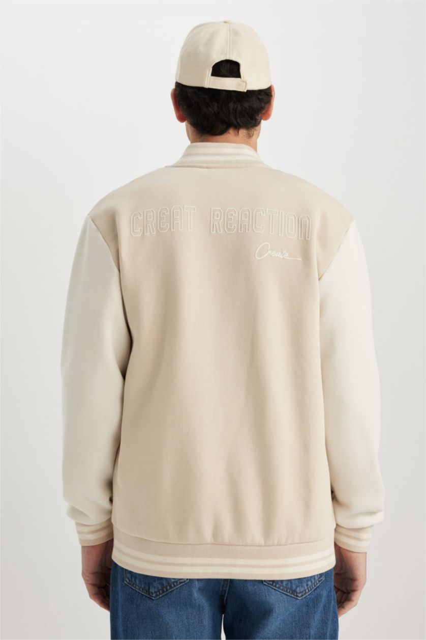 Erkek Kum Regular Fıt Kolej Yaka Bomber Baskılı İçi Yumuşak Tüylü Hırka