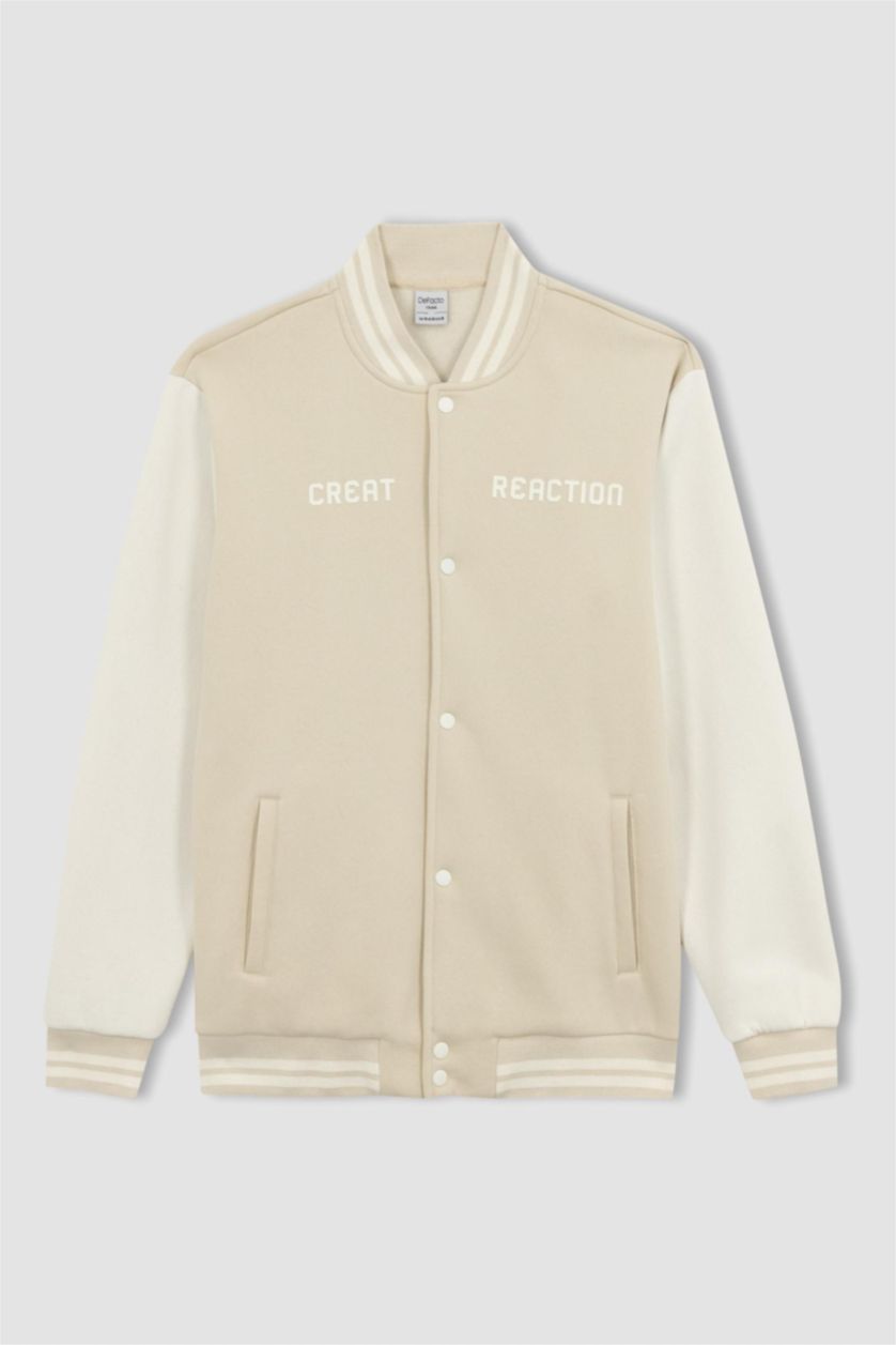 Erkek Kum Regular Fıt Kolej Yaka Bomber Baskılı İçi Yumuşak Tüylü Hırka