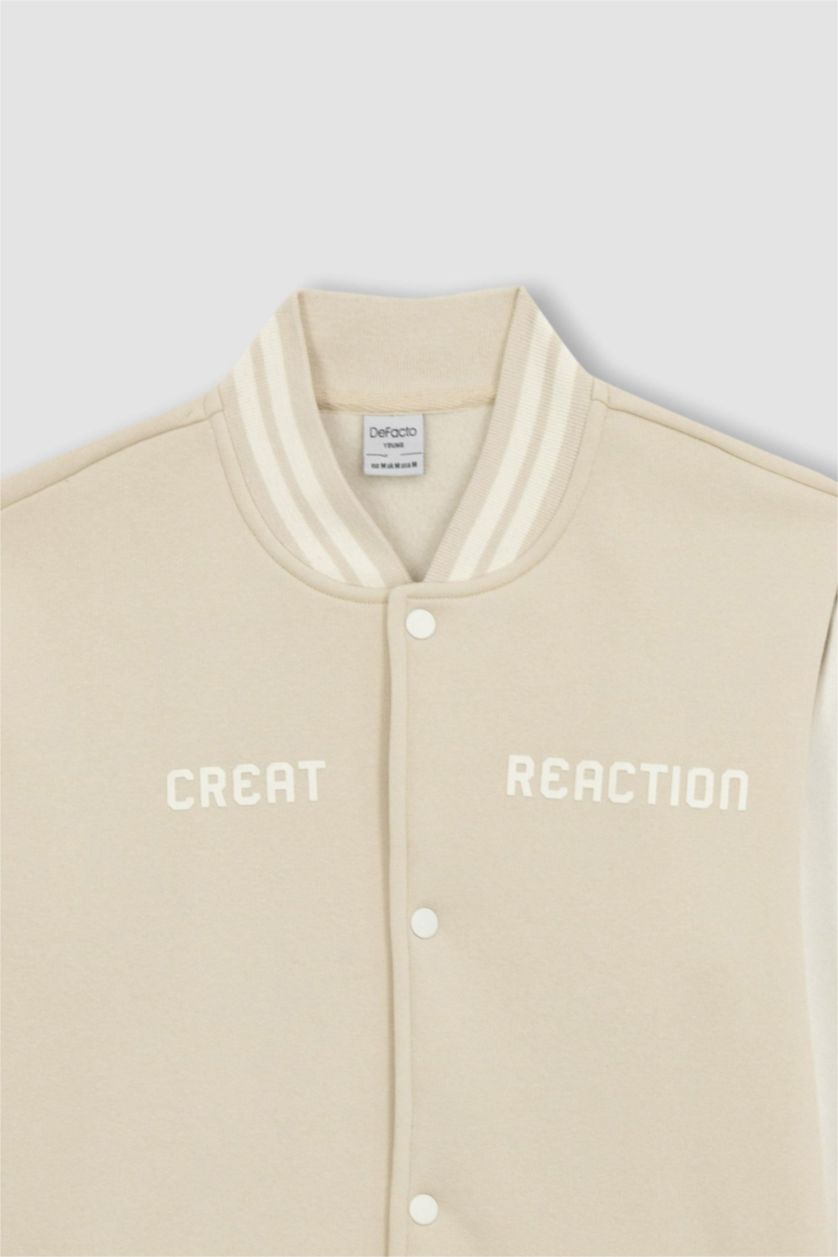 Erkek Kum Regular Fıt Kolej Yaka Bomber Baskılı İçi Yumuşak Tüylü Hırka