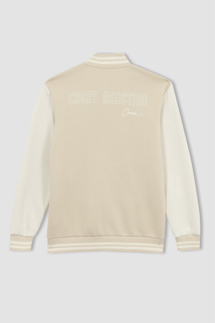 Erkek Kum Regular Fıt Kolej Yaka Bomber Baskılı İçi Yumuşak Tüylü Hırka