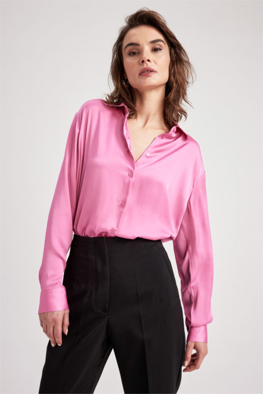 WOMAN Pink Regular Fit Satin Long Sleeve Shirt