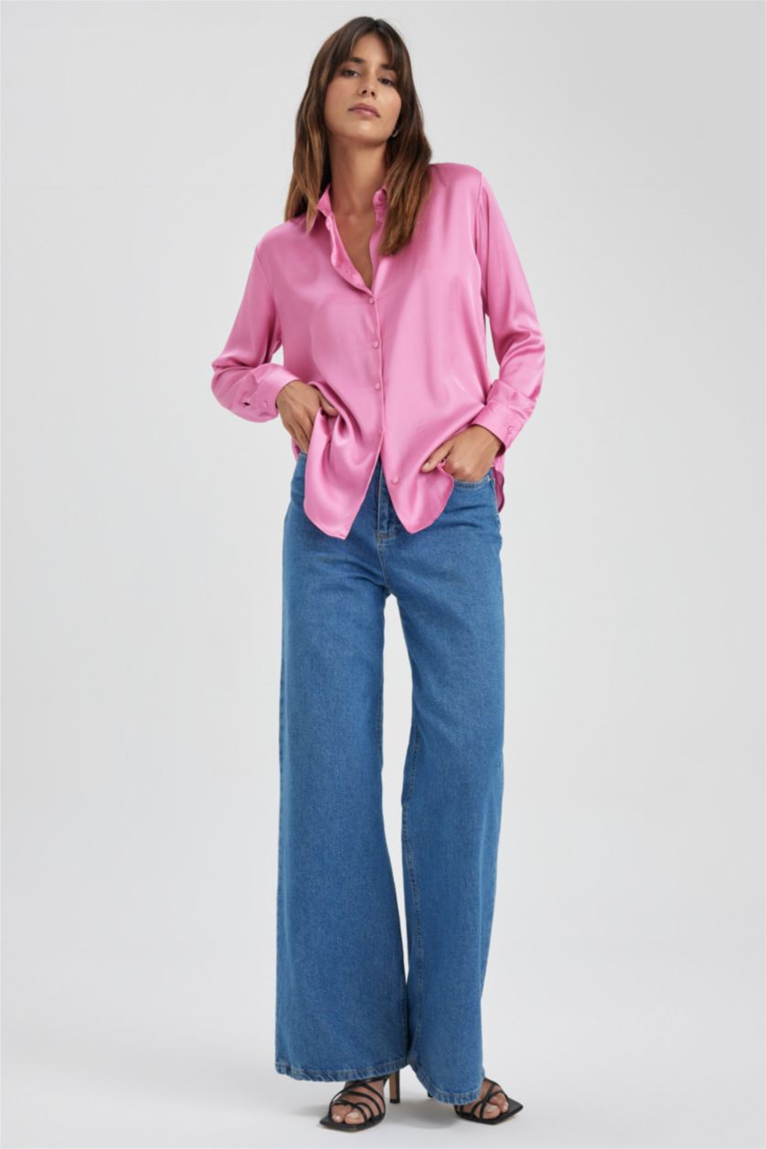 WOMAN Pink Regular Fit Satin Long Sleeve Shirt