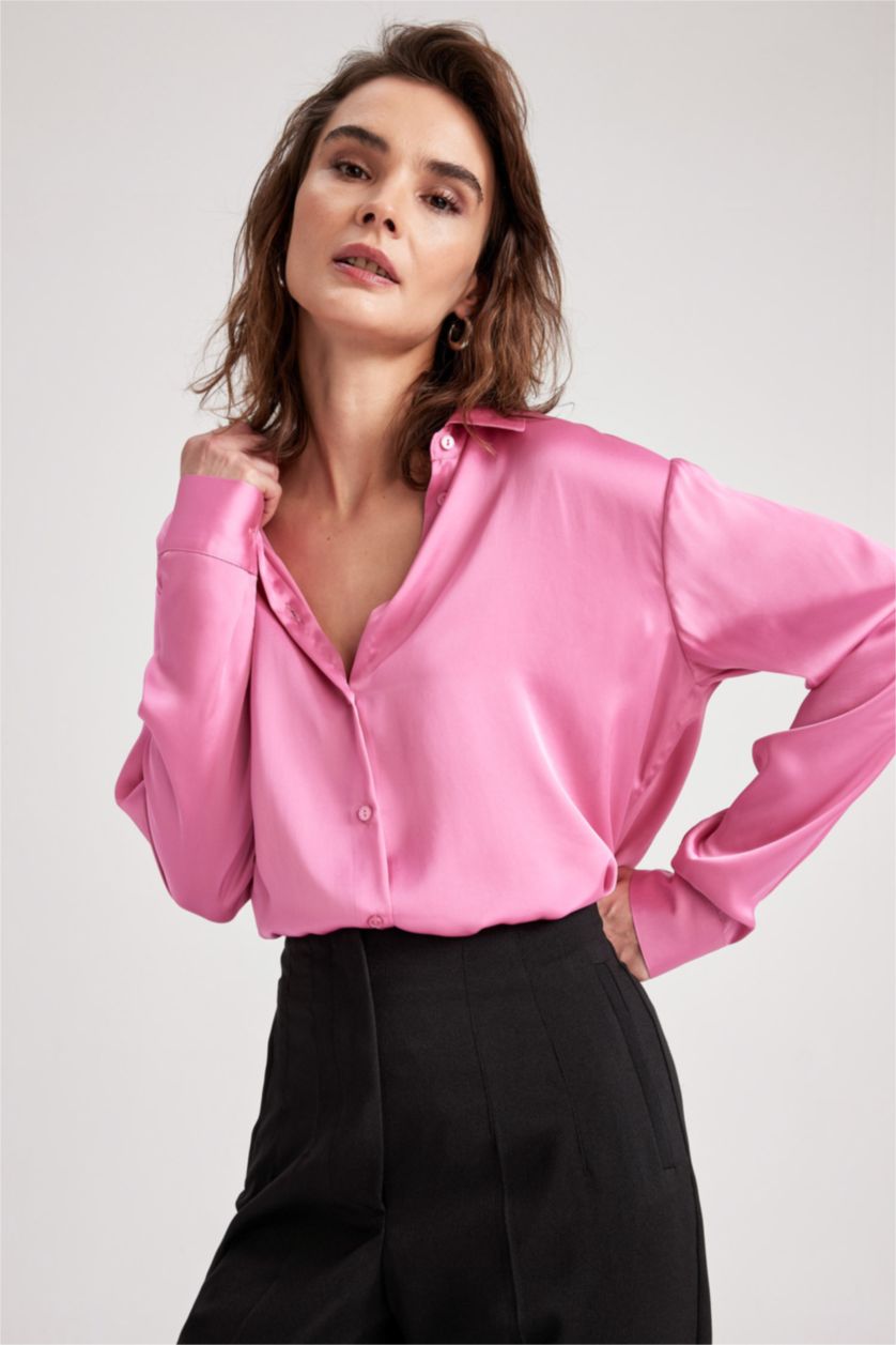 WOMAN Pink Regular Fit Satin Long Sleeve Shirt