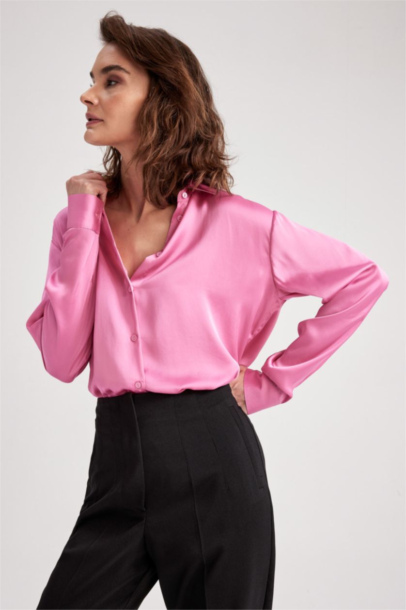 WOMAN Pink Regular Fit Satin Long Sleeve Shirt
