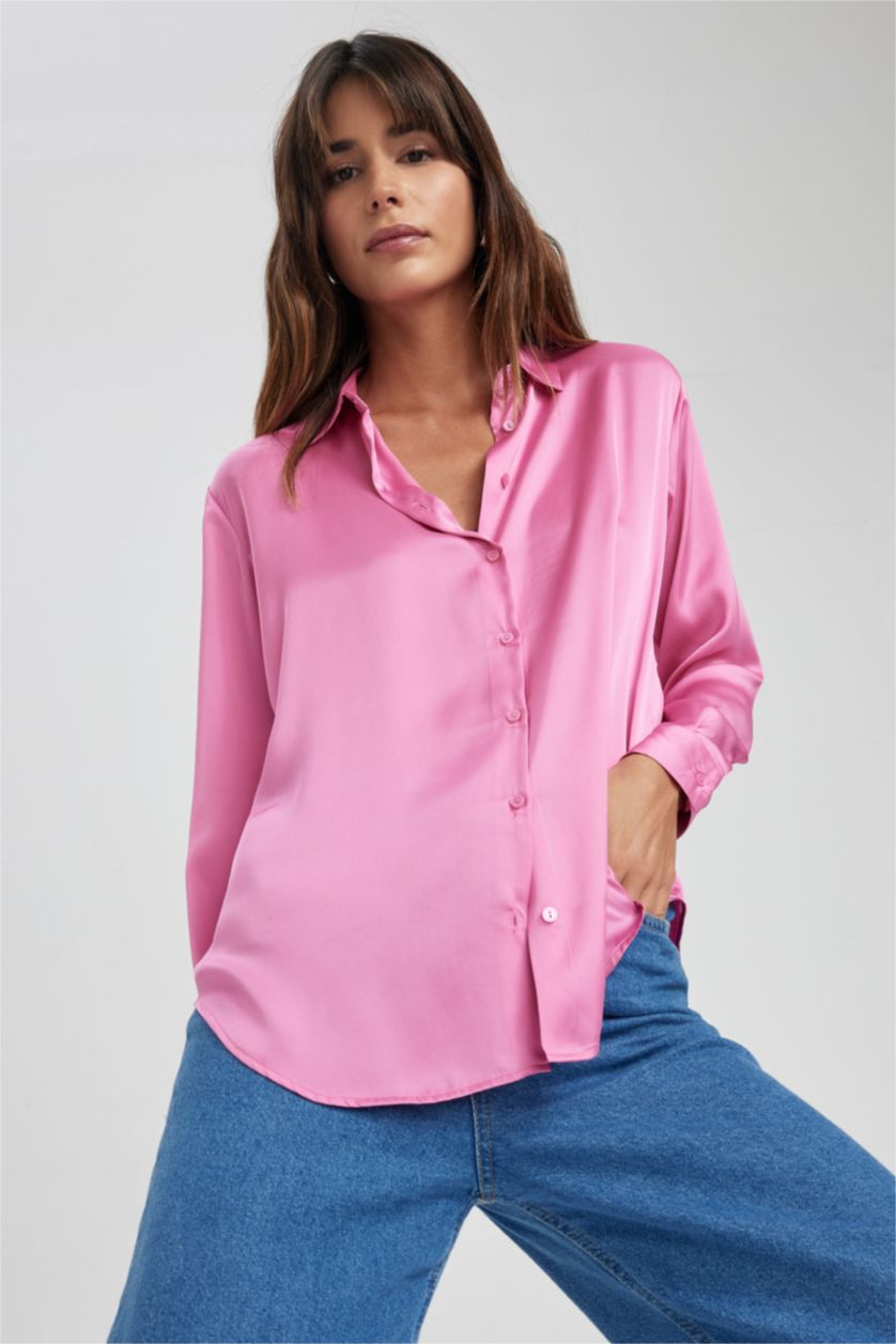 WOMAN Pink Regular Fit Satin Long Sleeve Shirt