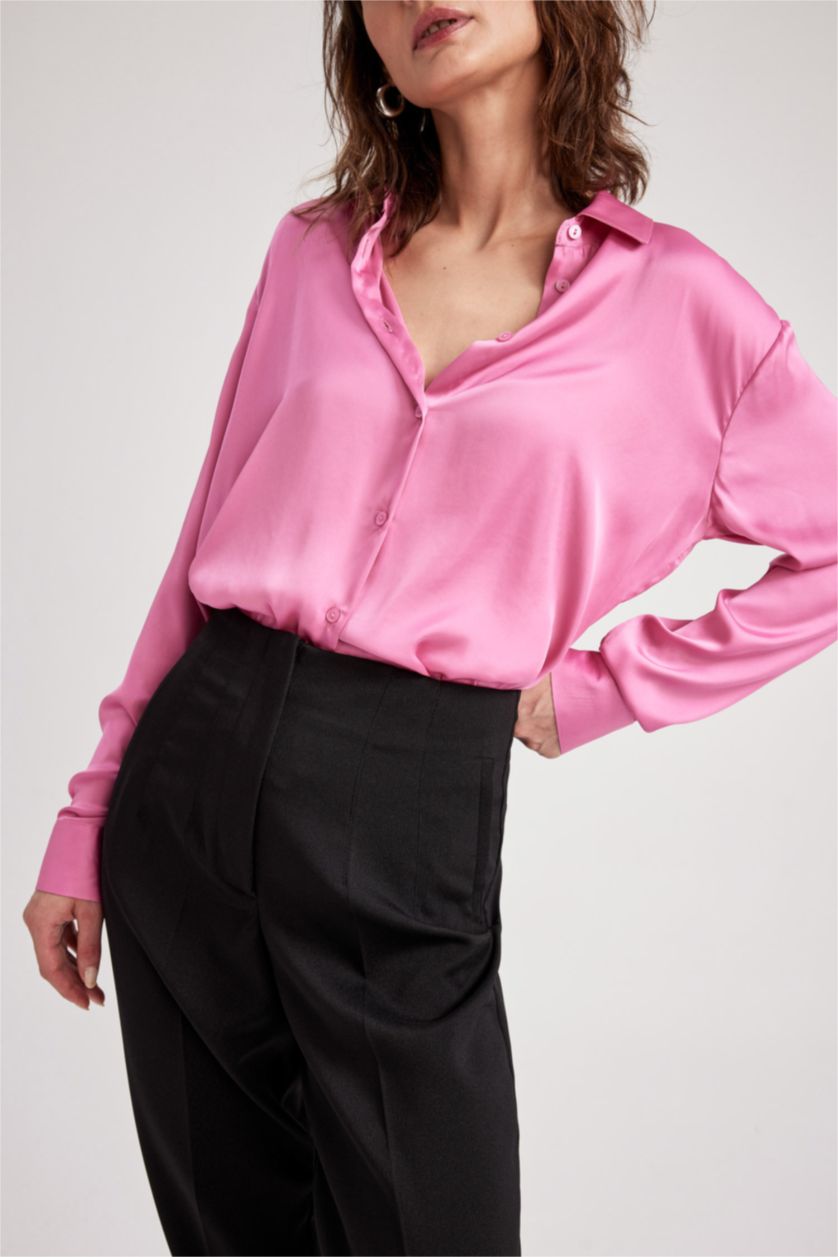WOMAN Pink Regular Fit Satin Long Sleeve Shirt