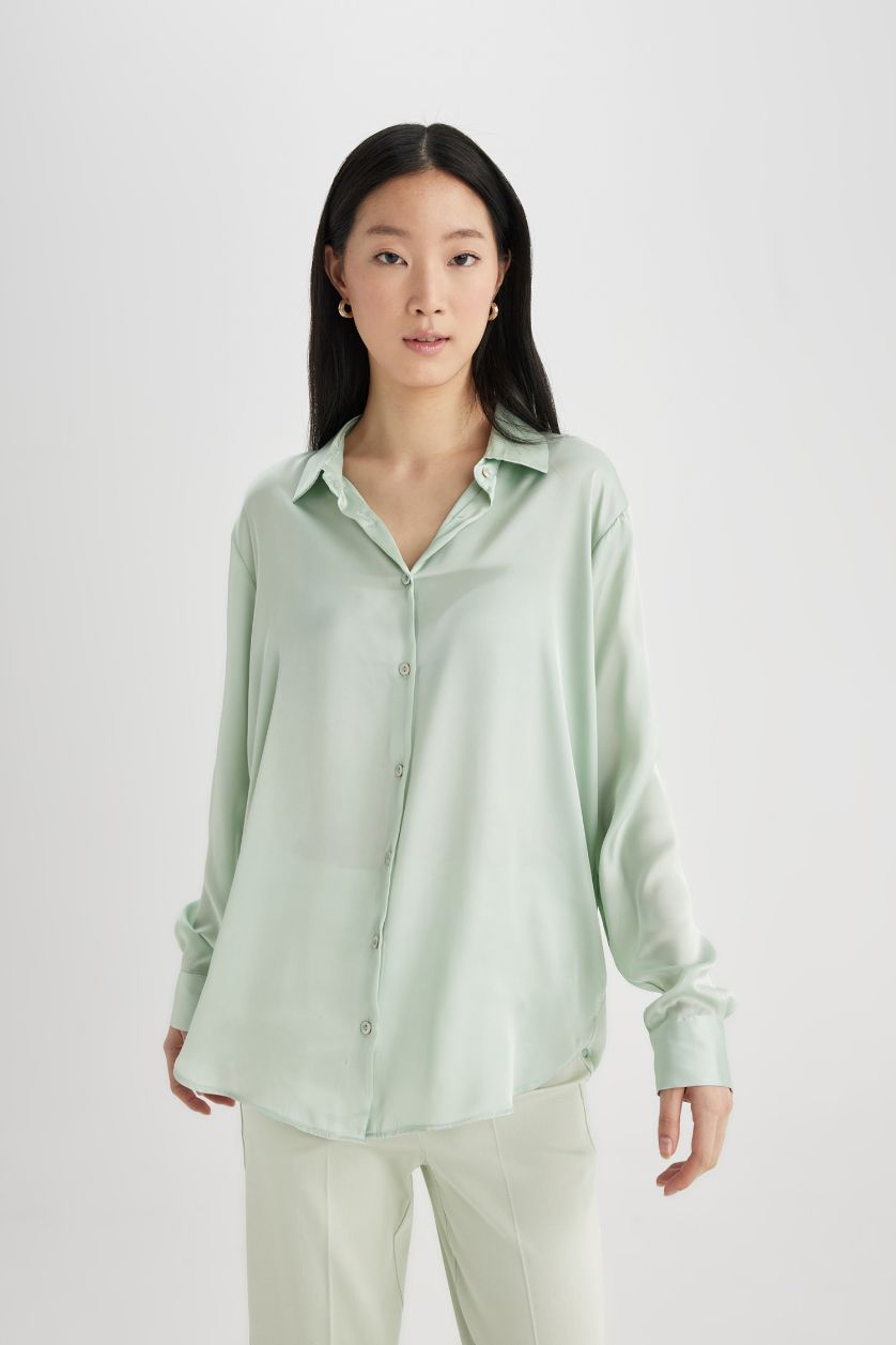 Kadın Mint Regular Fit Saten Uzun Kollu Gömlek