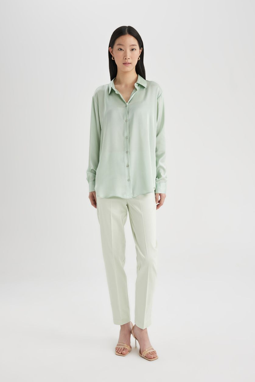 Kadın Mint Regular Fit Saten Uzun Kollu Gömlek