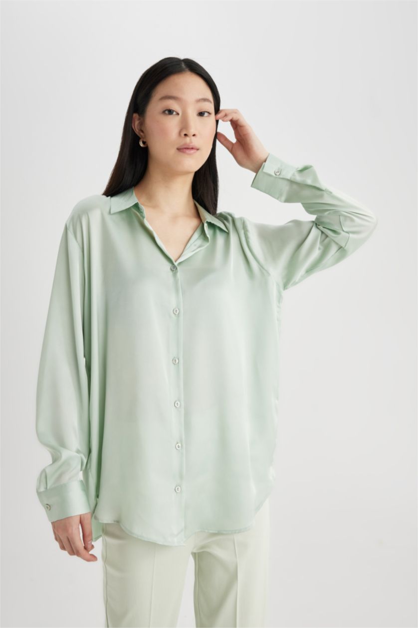 Kadın Mint Regular Fit Saten Uzun Kollu Gömlek