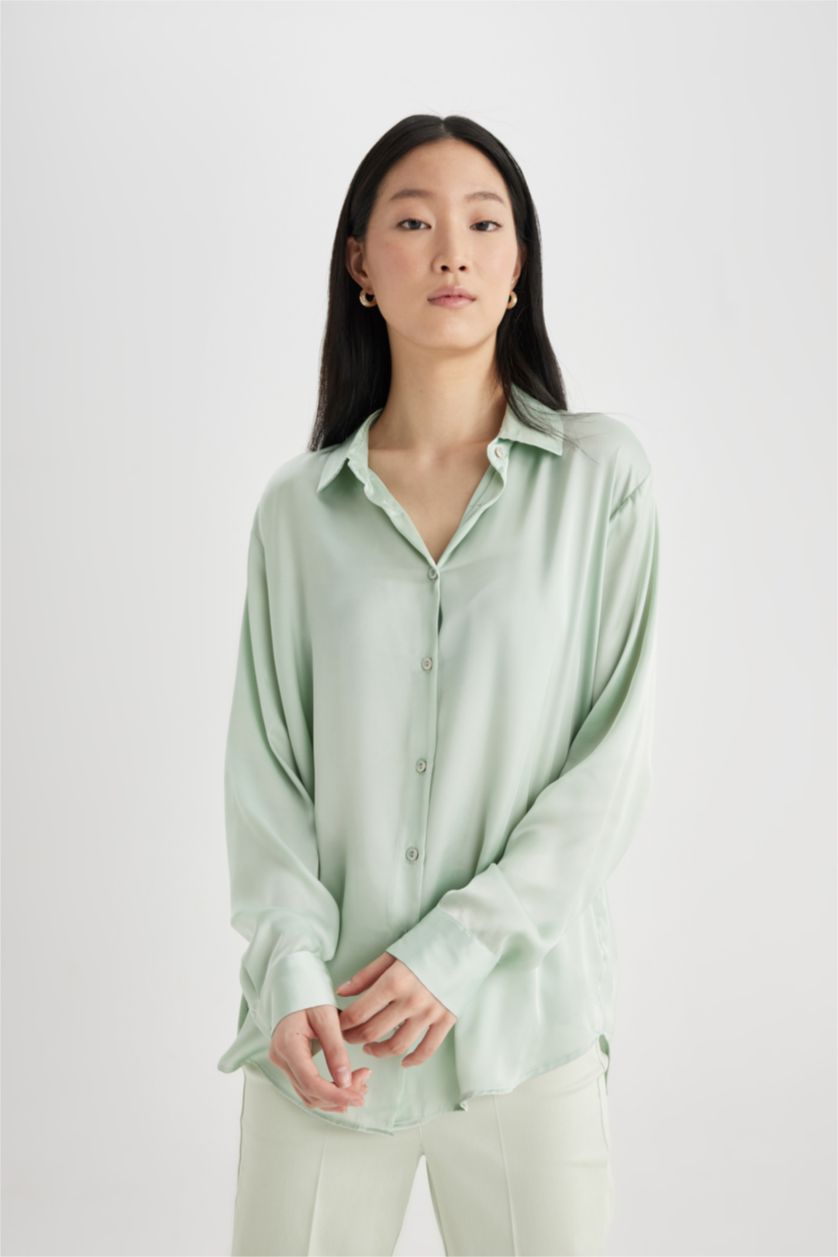 Kadın Mint Regular Fit Saten Uzun Kollu Gömlek