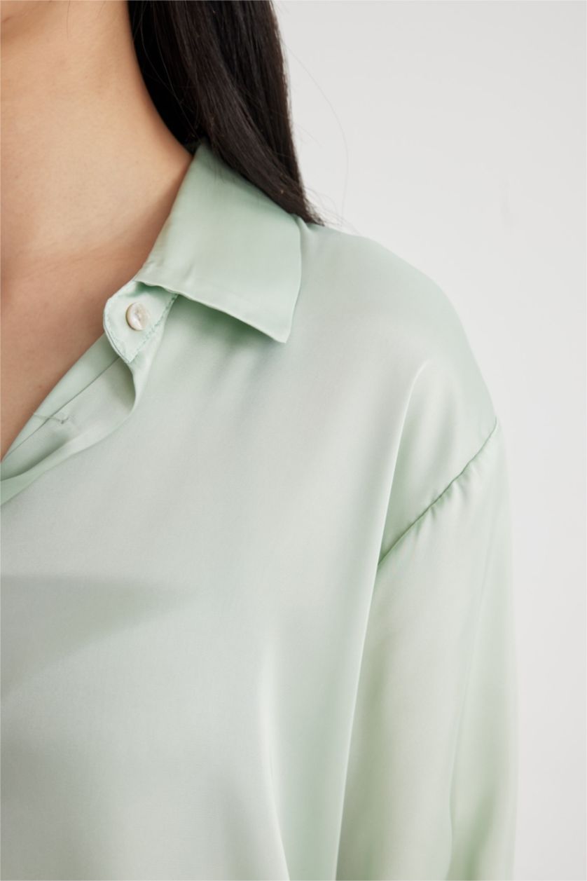 Kadın Mint Regular Fit Saten Uzun Kollu Gömlek