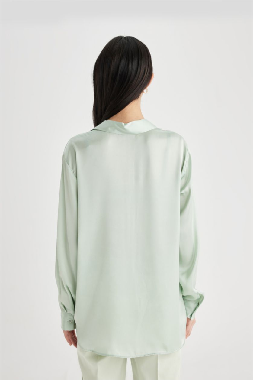 Kadın Mint Regular Fit Saten Uzun Kollu Gömlek