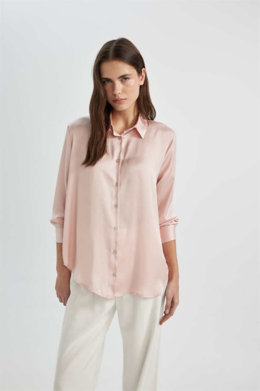 Kadın Açık Pembe Regular Fıt Saten