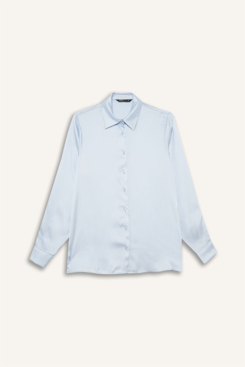 Kadın Açık Mavi Regular Fit Saten Uzun Kollu Gömlek