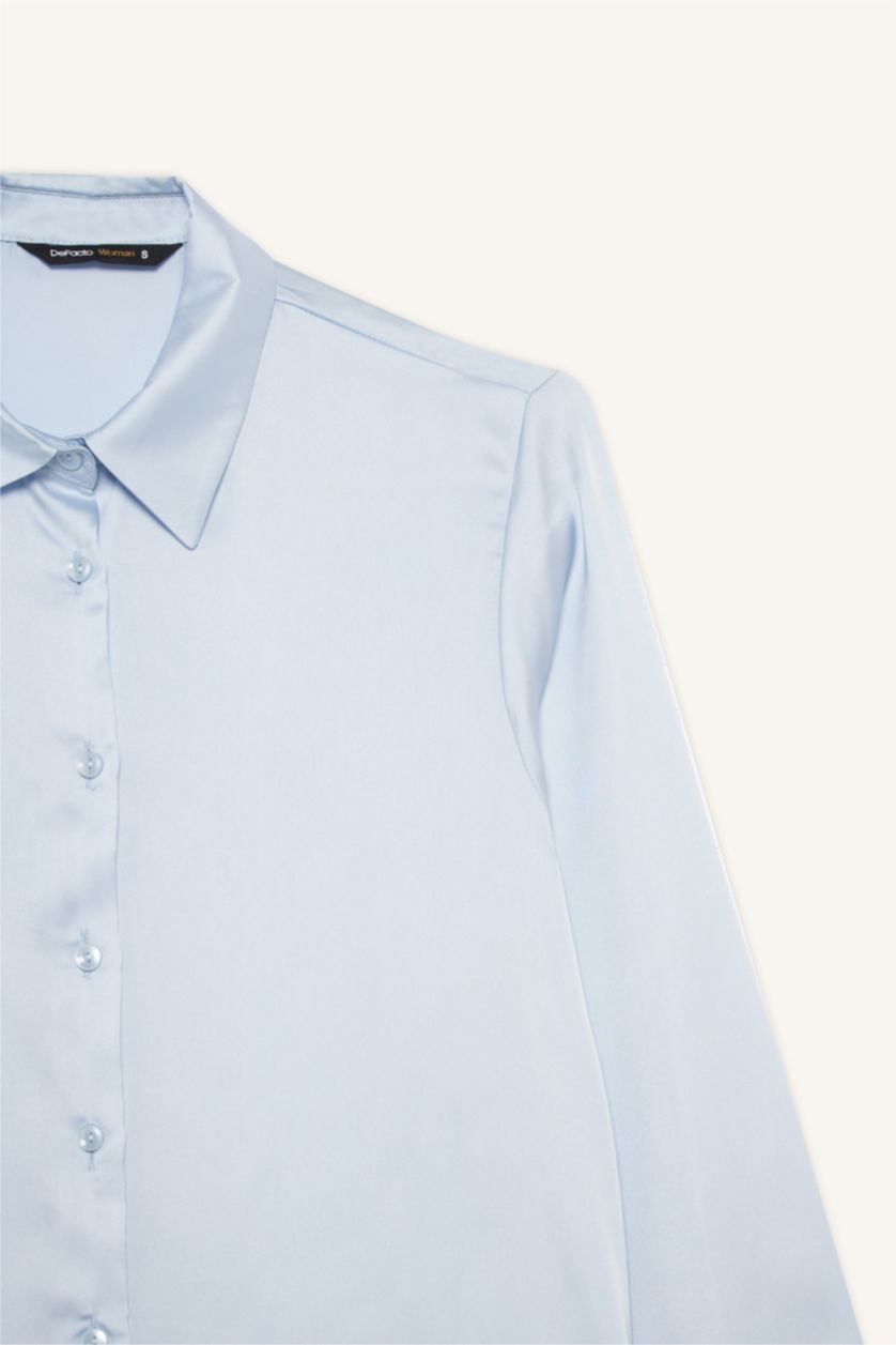 Kadın Açık Mavi Regular Fit Saten Uzun Kollu Gömlek