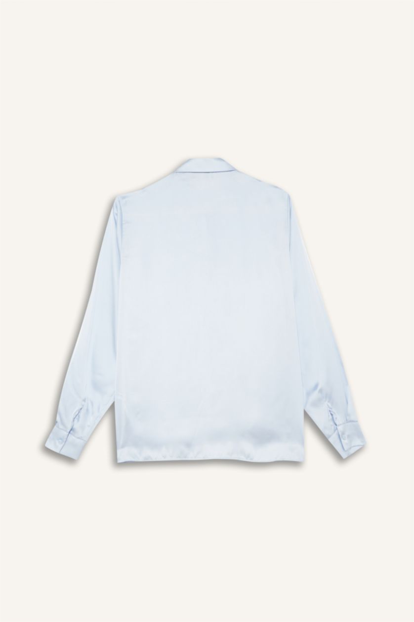 Kadın Açık Mavi Regular Fit Saten Uzun Kollu Gömlek