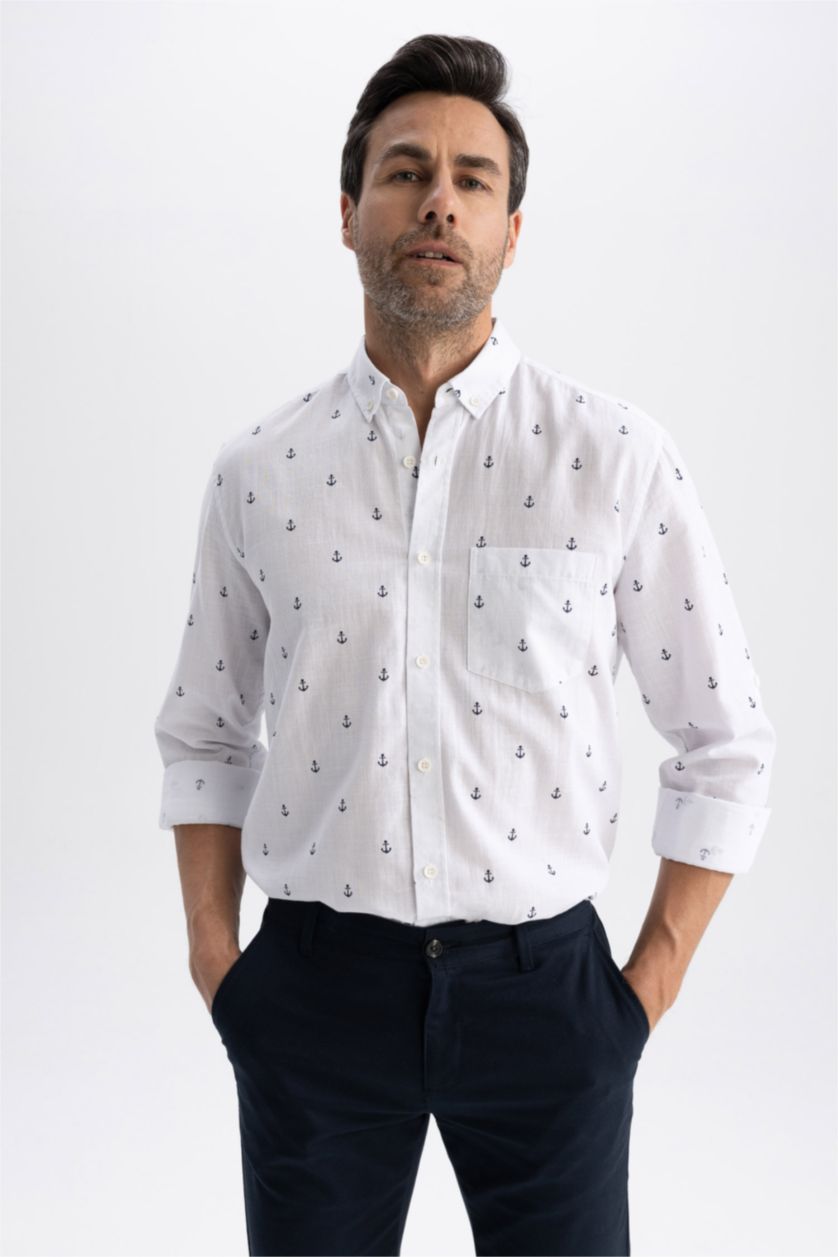 Мужчины Белый Рубашка стандартного кроя с длинным рукавом из 100% хлопка