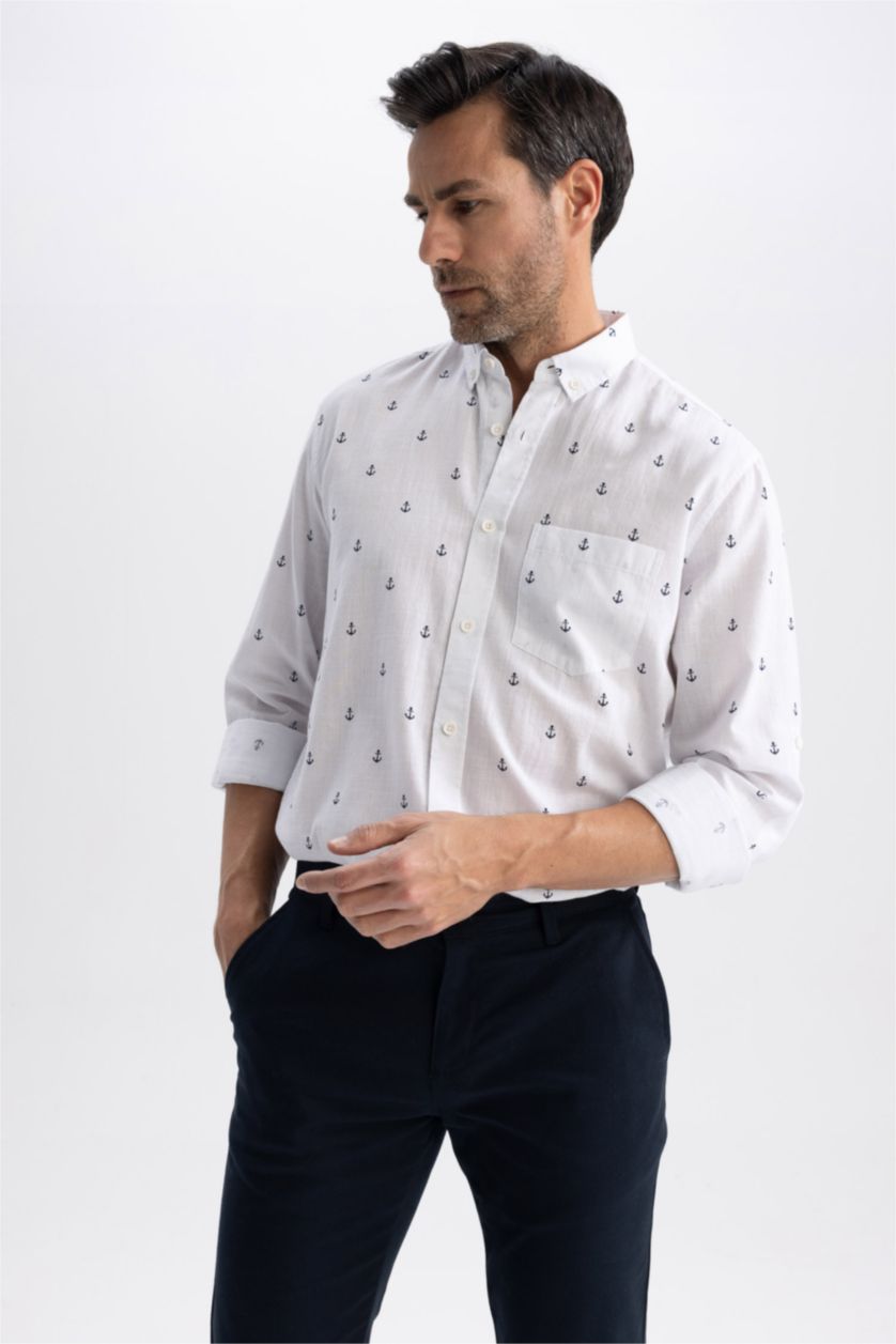 Мужчины Белый Рубашка стандартного кроя с длинным рукавом из 100% хлопка