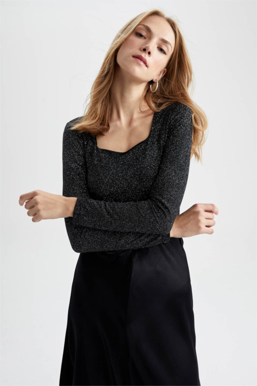 FEMME Noir T-Shirt À Manches Longues En Tricot Coupe Slim Col Carré