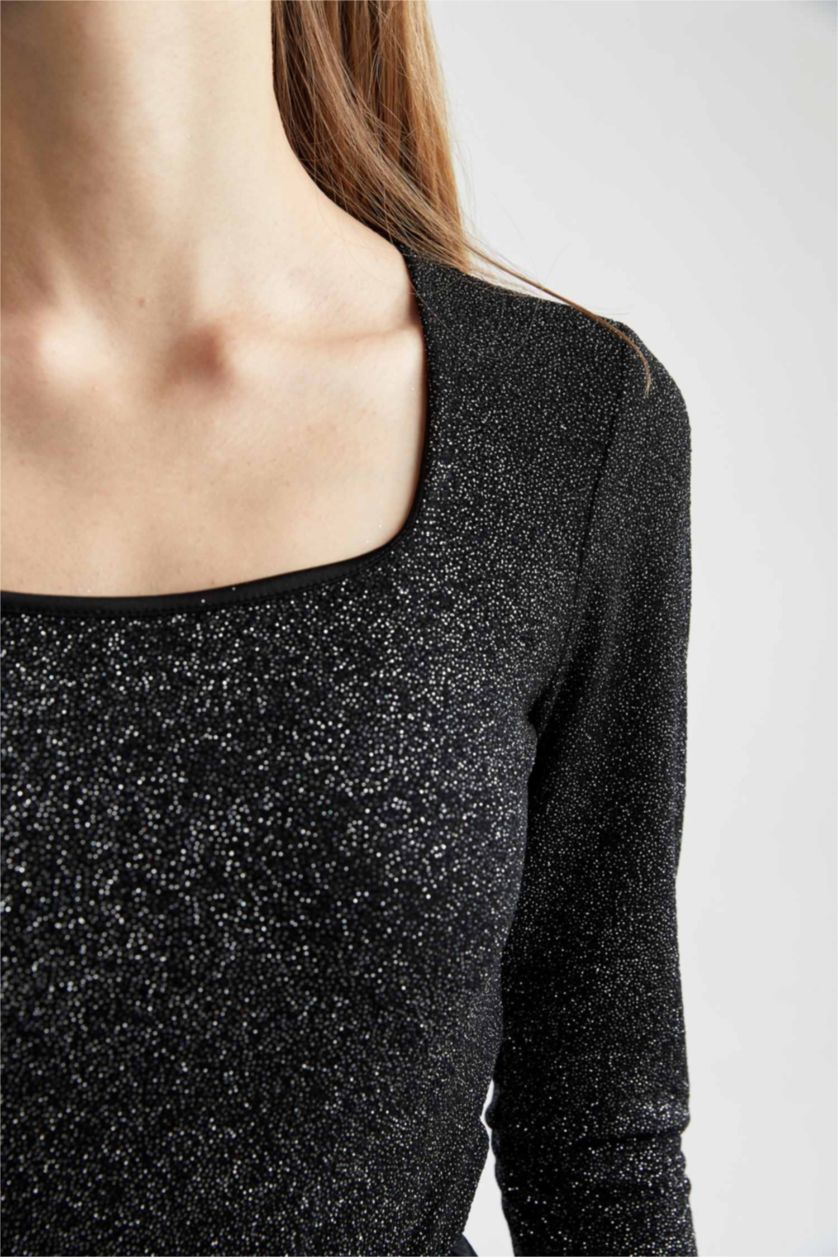 FEMME Noir T-Shirt À Manches Longues En Tricot Coupe Slim Col Carré