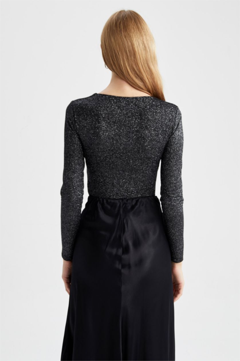 FEMME Noir T-Shirt À Manches Longues En Tricot Coupe Slim Col Carré