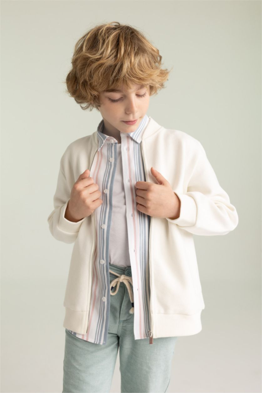 Boys & Teens Ecru Regular Fit Bomber Collar Cardigan