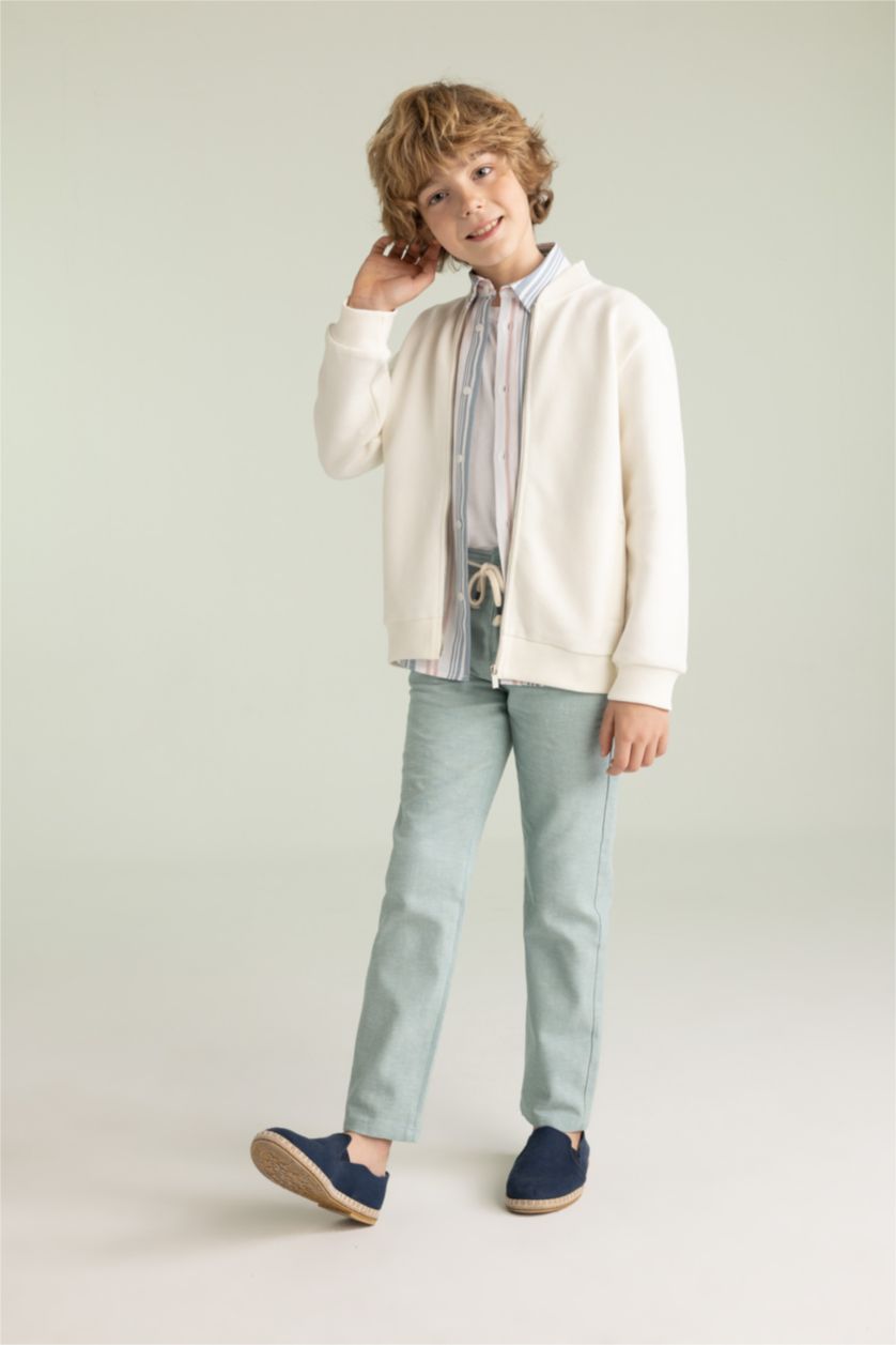 Boys & Teens Ecru Regular Fit Bomber Collar Cardigan