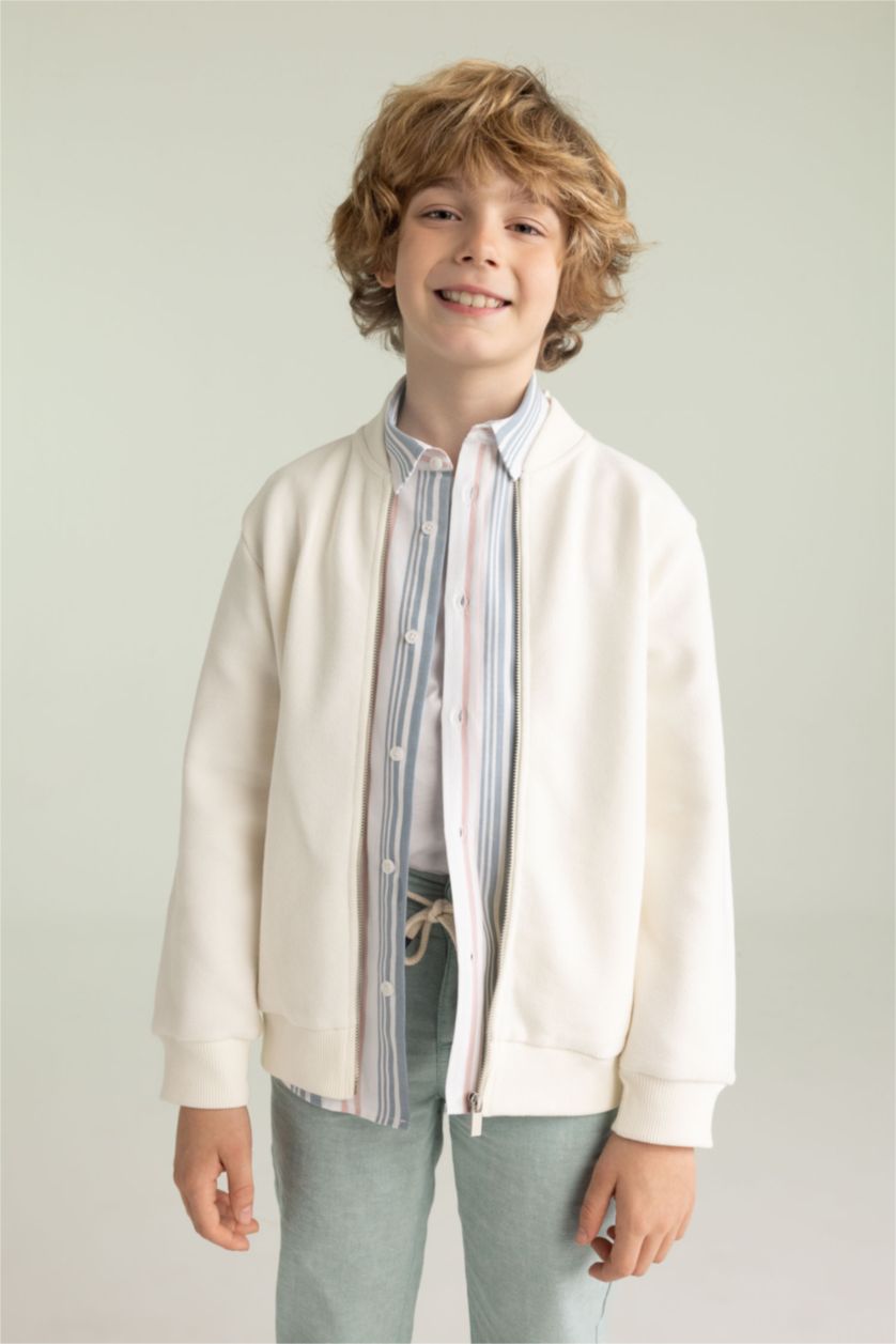 Boys & Teens Ecru Regular Fit Bomber Collar Cardigan