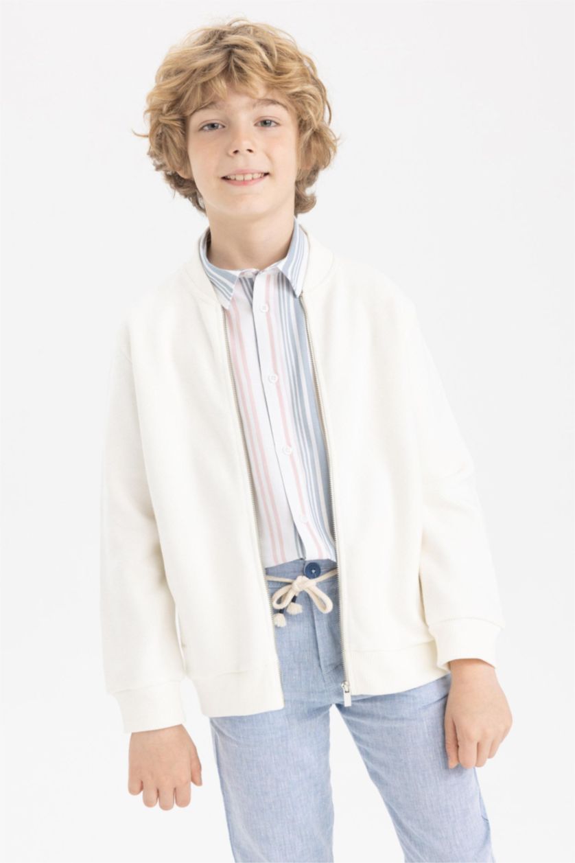 Boys & Teens Ecru Regular Fit Bomber Collar Cardigan