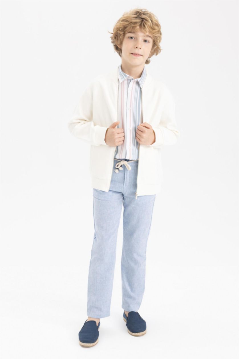 Boys & Teens Ecru Regular Fit Bomber Collar Cardigan