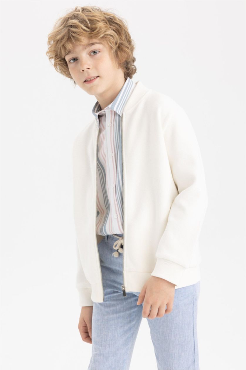 Boys & Teens Ecru Regular Fit Bomber Collar Cardigan