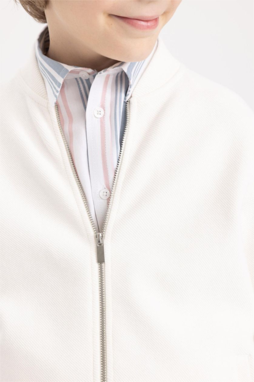 Boys & Teens Ecru Regular Fit Bomber Collar Cardigan
