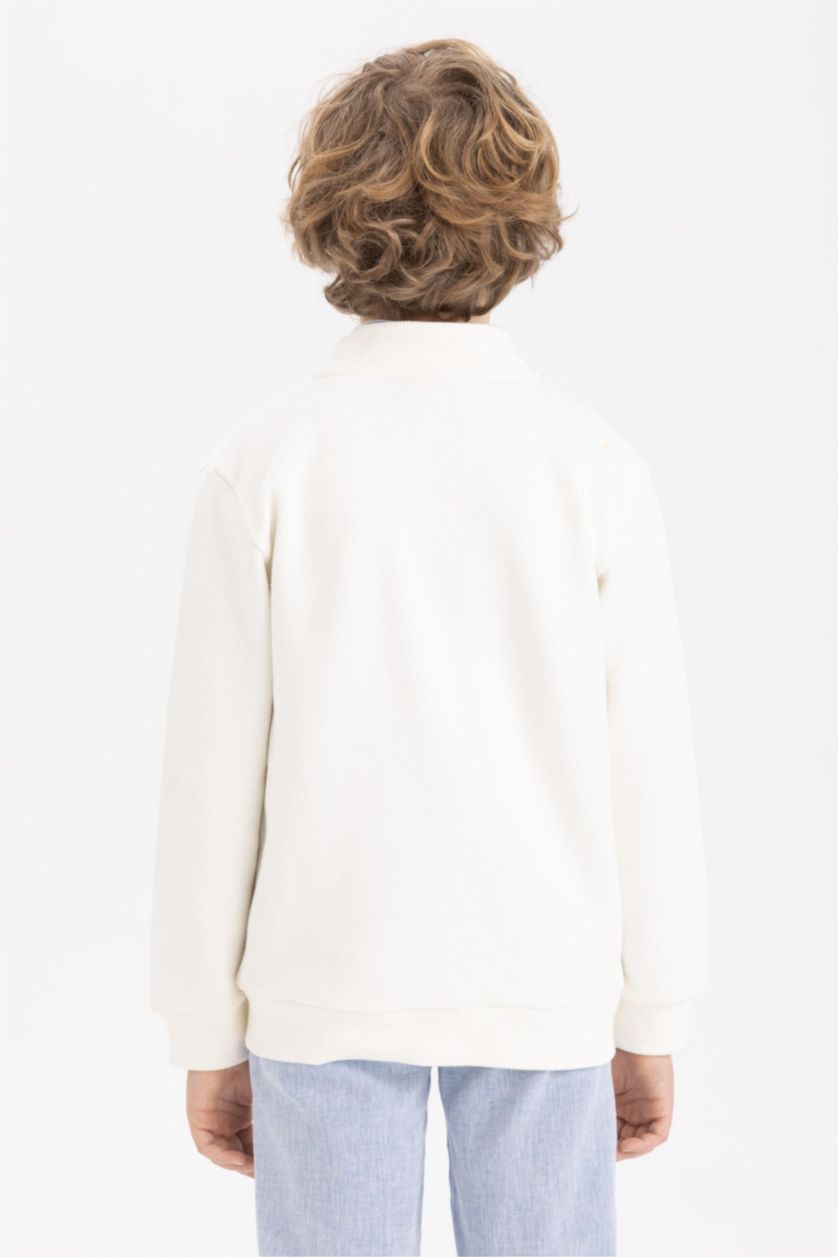 Boys & Teens Ecru Regular Fit Bomber Collar Cardigan