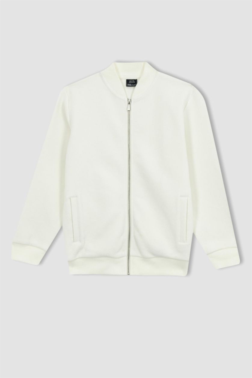 Boys & Teens Ecru Regular Fit Bomber Collar Cardigan