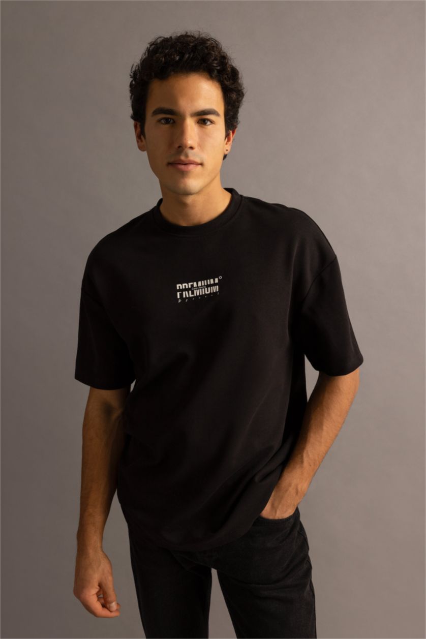 رجالي أسود تي شيرت قطن بريميوم برقبة مستديرة مطبوع