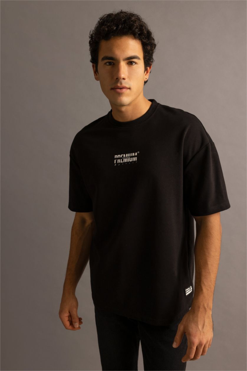 رجالي أسود تي شيرت قطن بريميوم برقبة مستديرة مطبوع