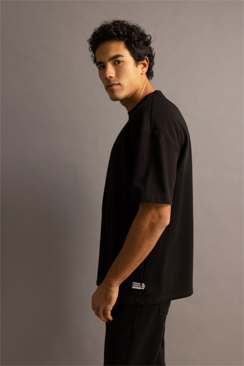 رجالي أسود تي شيرت قطن بريميوم برقبة مستديرة مطبوع