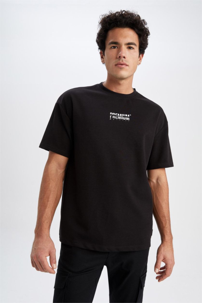 رجالي أسود تي شيرت قطن بريميوم برقبة مستديرة مطبوع