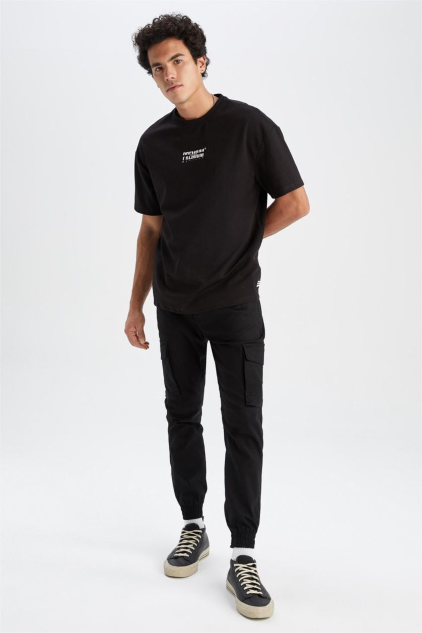 رجالي أسود تي شيرت قطن بريميوم برقبة مستديرة مطبوع