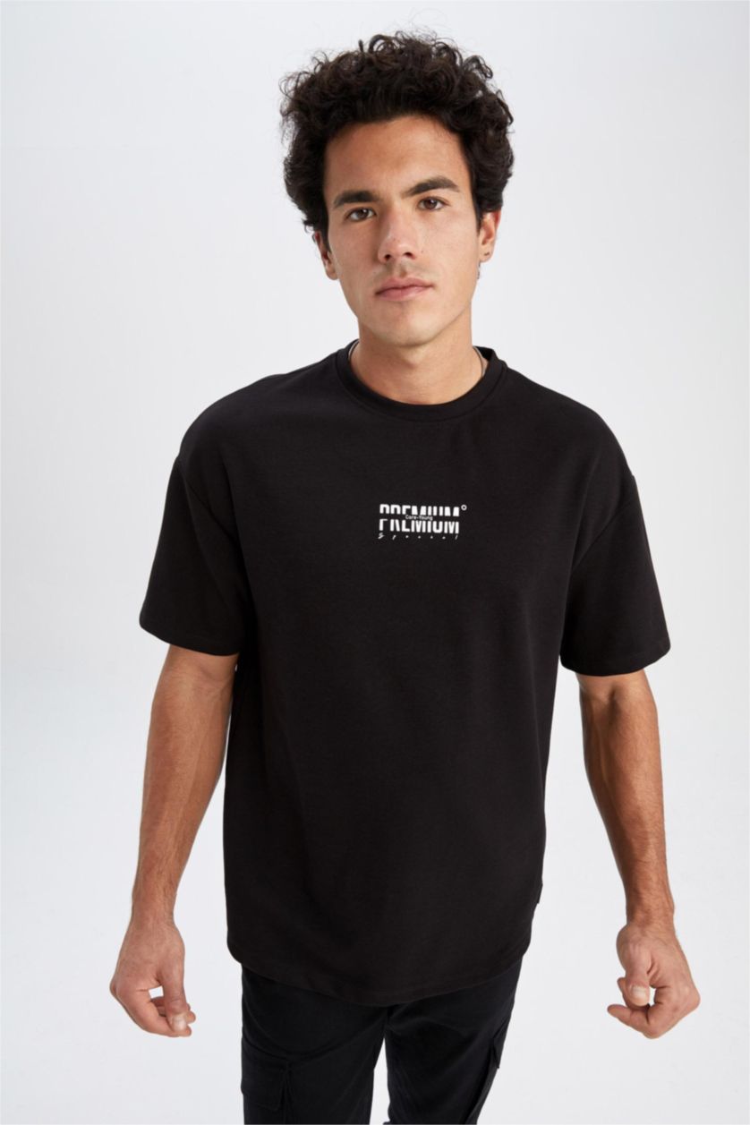 رجالي أسود تي شيرت قطن بريميوم برقبة مستديرة مطبوع