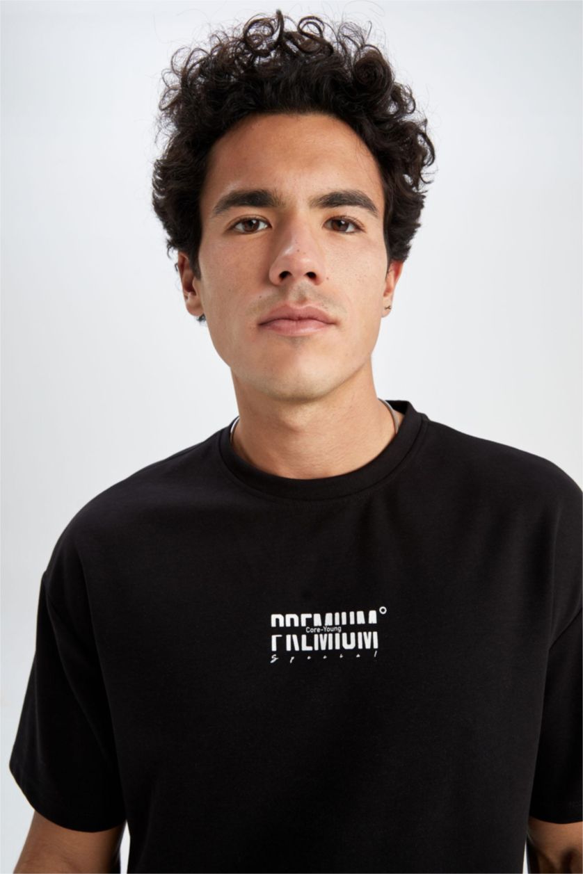 رجالي أسود تي شيرت قطن بريميوم برقبة مستديرة مطبوع