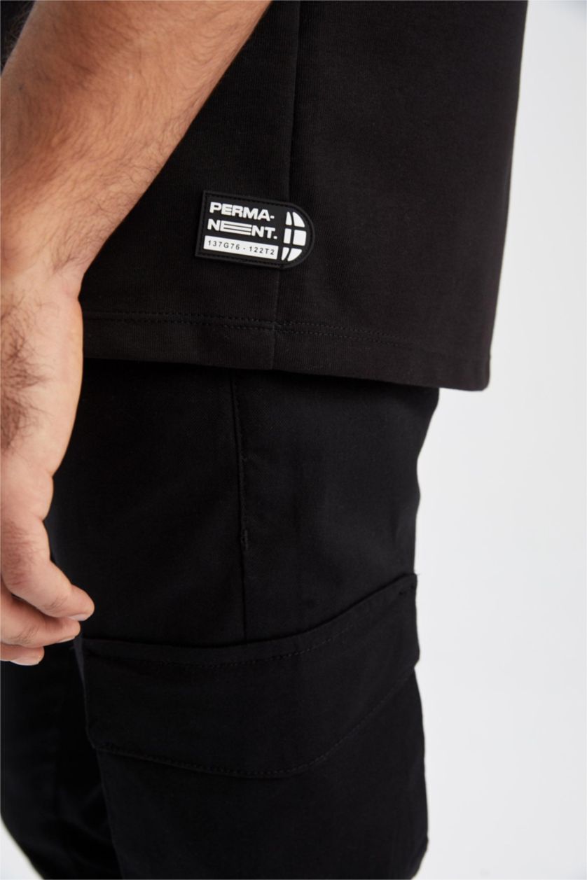 رجالي أسود تي شيرت قطن بريميوم برقبة مستديرة مطبوع