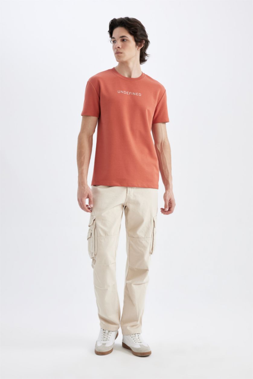 رجال برتقالي تيشيرت نص كم قصة عادية برقبة مستديرة