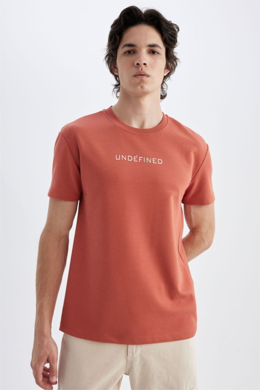 رجال برتقالي تيشيرت نص كم قصة عادية برقبة مستديرة