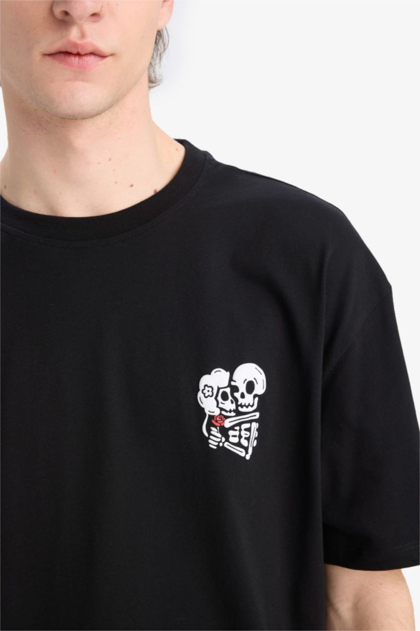 Man Black Oversize Fit Crew Neck Printed Short Sleeve T-Shirt